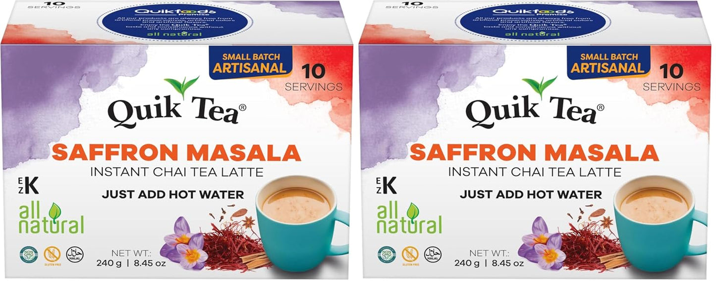 QuikTea Saffron Masala Chai Tea Latte – 10 Count, Bold Saffron Masala Flavor, Naturally Caffeine-Light, no preservatives, No Sugar Added