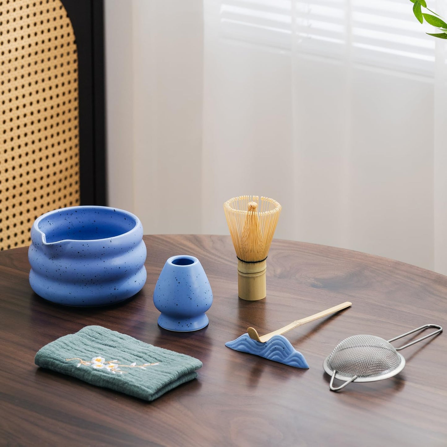 7Pcs Japanese Matcha Tea Set, Matcha Kit with Matcha Bowl (with Pouring Spout), Matcha Whisk, Whisk Holder, Strainer - Elegant Matcha Set for Gifting and Personal Use, Gift Box Packaging (blue)