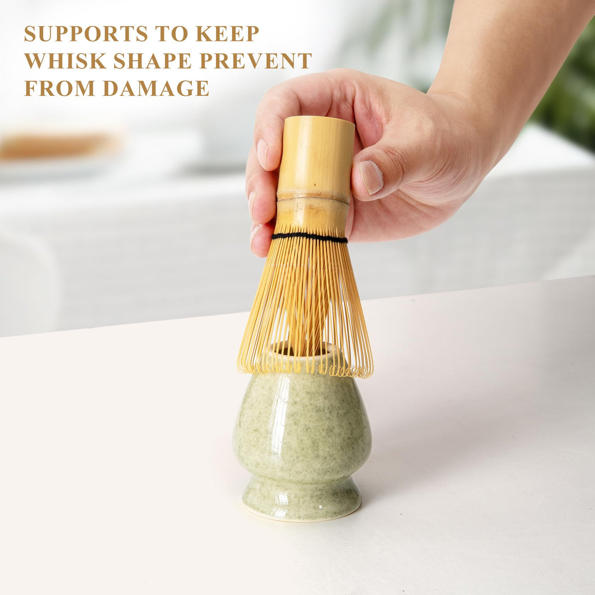 YIBO Matcha Whisk Set, Matcha Making Kit Whisk (Chasen Holder), Ceramic Whisk Holder (Mottled Green), Bamboo Scoop, Powder