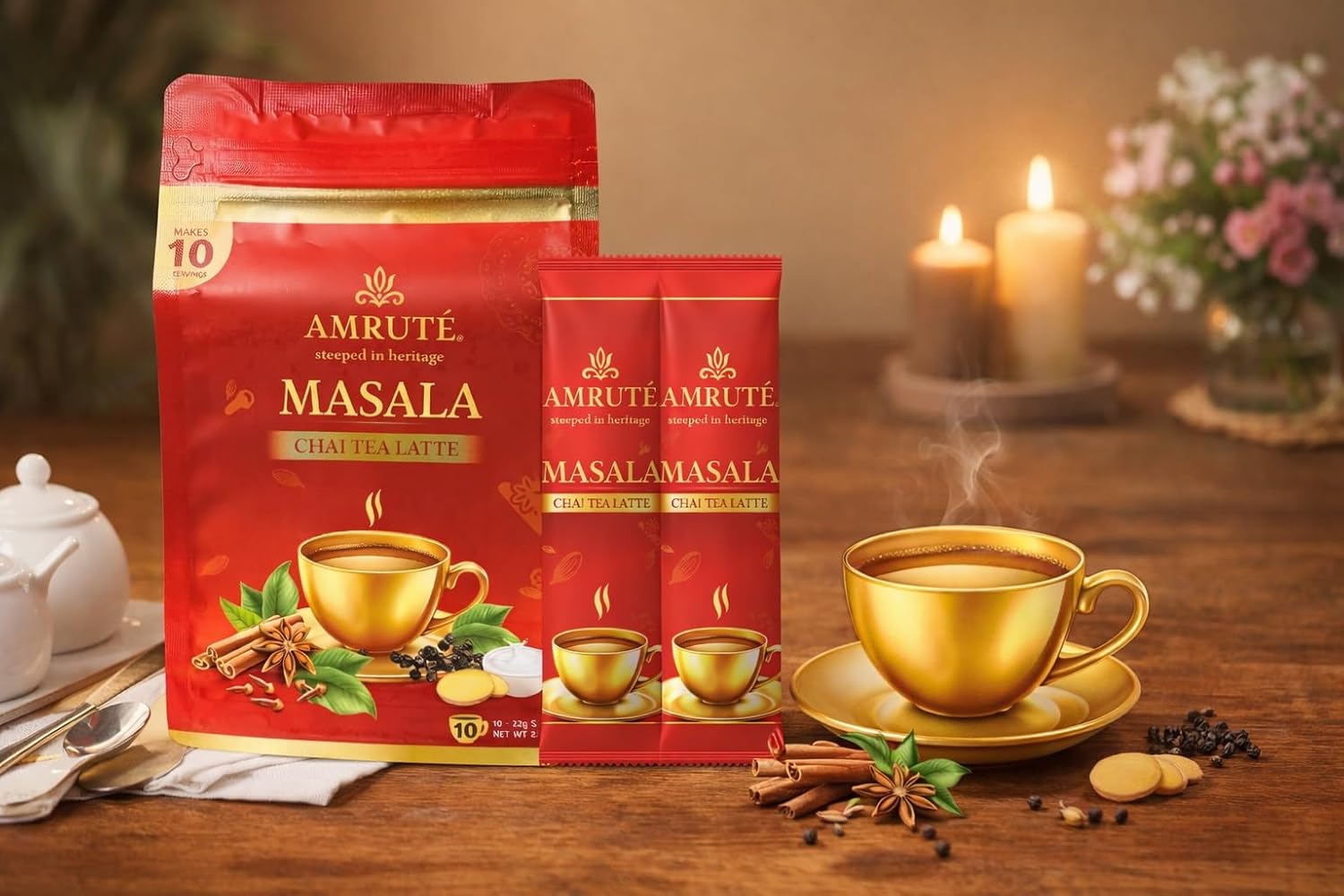Amruté Masala Chai Tea Latte – 10 Single Serves, Instant Chai Drink Mix