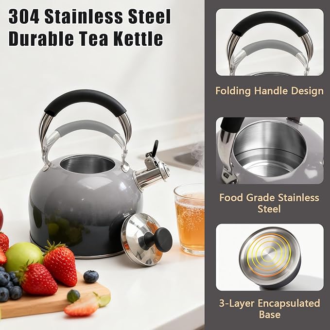 Tea Kettle Stovetop,Stainless Steel Whistling Tea Kettle For Stove Top, 2.5 Qt Tea Pot With Folding Handle