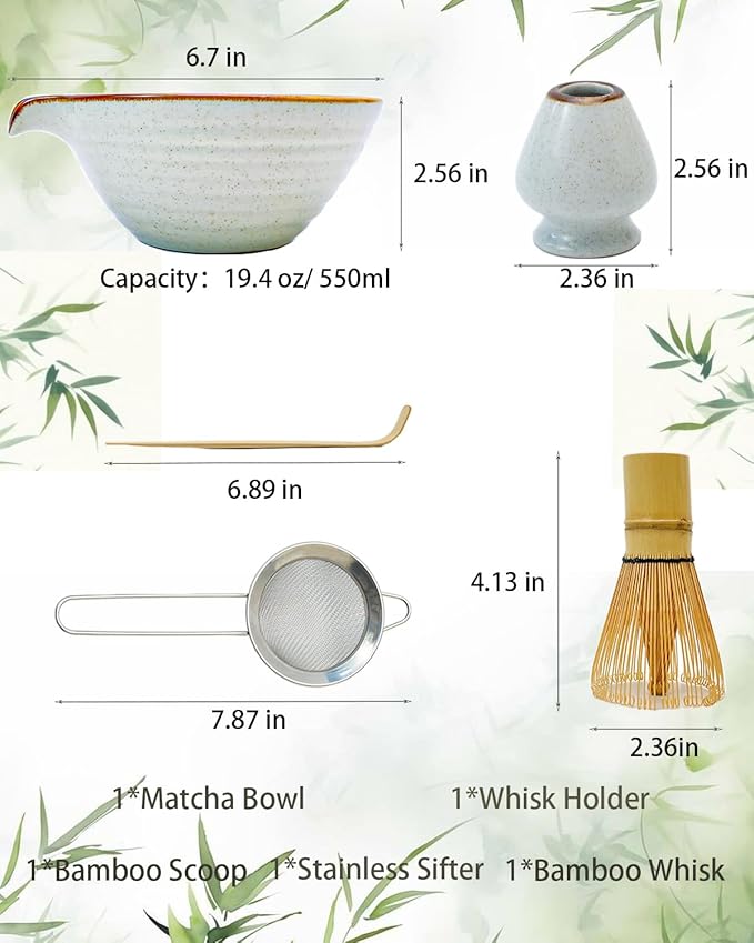 Matcha Whisk Set,Matcha Set,Matcha Kit,Matcha Bowl with Spout,Scoop,Sifter,Bamboo Whisk,Chasen Holder,Unique Gifts for Women Grifend