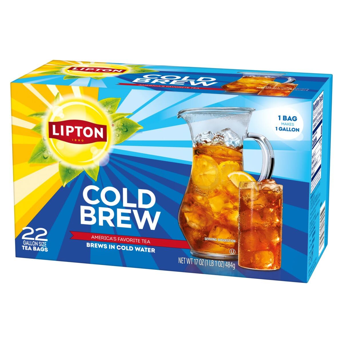 Lipton Cold Brew Iced Tea Bags, Gallon Size Zero Calories, Easy-To-Make with no boiling needed, 22 Total Tea Bags