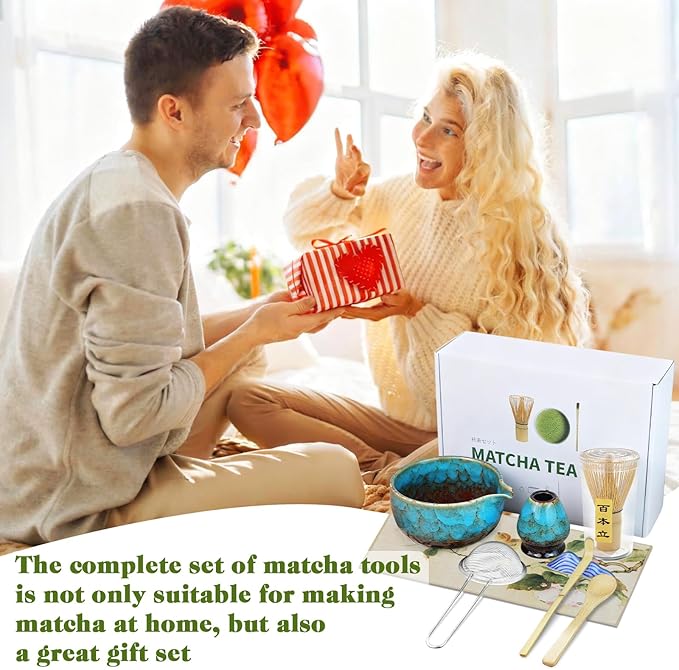 HEYMKGO Matcha Whisk Set 8 Pcs, Sapphire Blue Matcha Bowl with Spout, Bamboo Whisk & Holder, Scoop, Scoop Rest, Sifter, Bamboo Spoon & Tea Towel - Traditional Japanese Matcha Tea Ceremony Kit