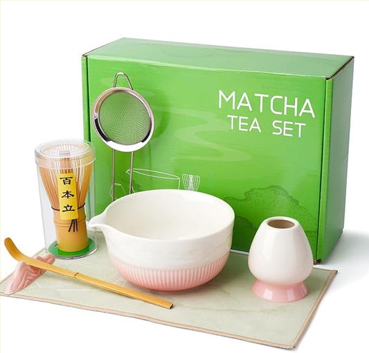 Matcha Whisk Set, 7 Pcs Ceramic Matcha Set, Includes Matcha Bowl, Matcha Whisk, Chasen Holder, Bamboo Scoop, Scoop Rest, Stainless Sifter, Tea Towel