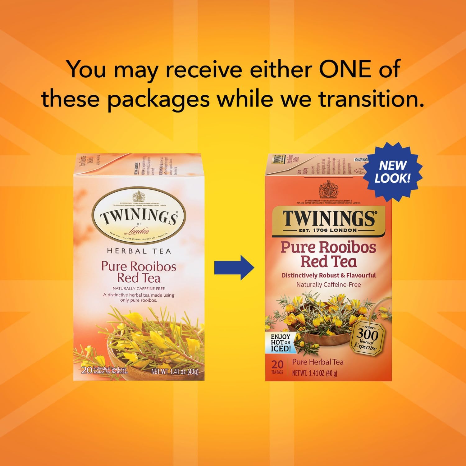 Twinings Pure Rooibos Red Tea - A Naturally Sweet and Tangy Red Tea, Caffeine-Free Herbal Tea Bags, Individually Wrapped, 20 Count (Pack of 2)