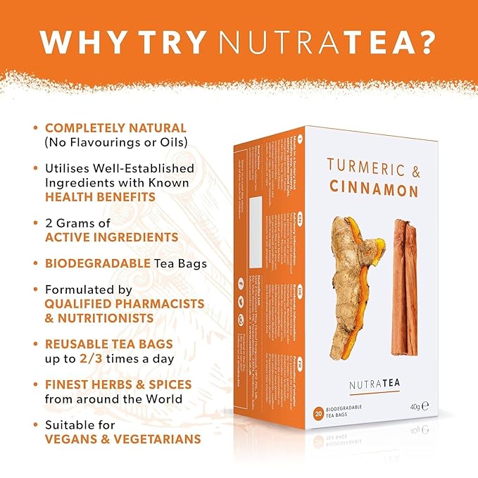Nutra Tea Turmeric & Cinnamon Tea | Turmeric Tea - 120 Individually Wrapped Bags - Herbal Infusion (6 Pack)
