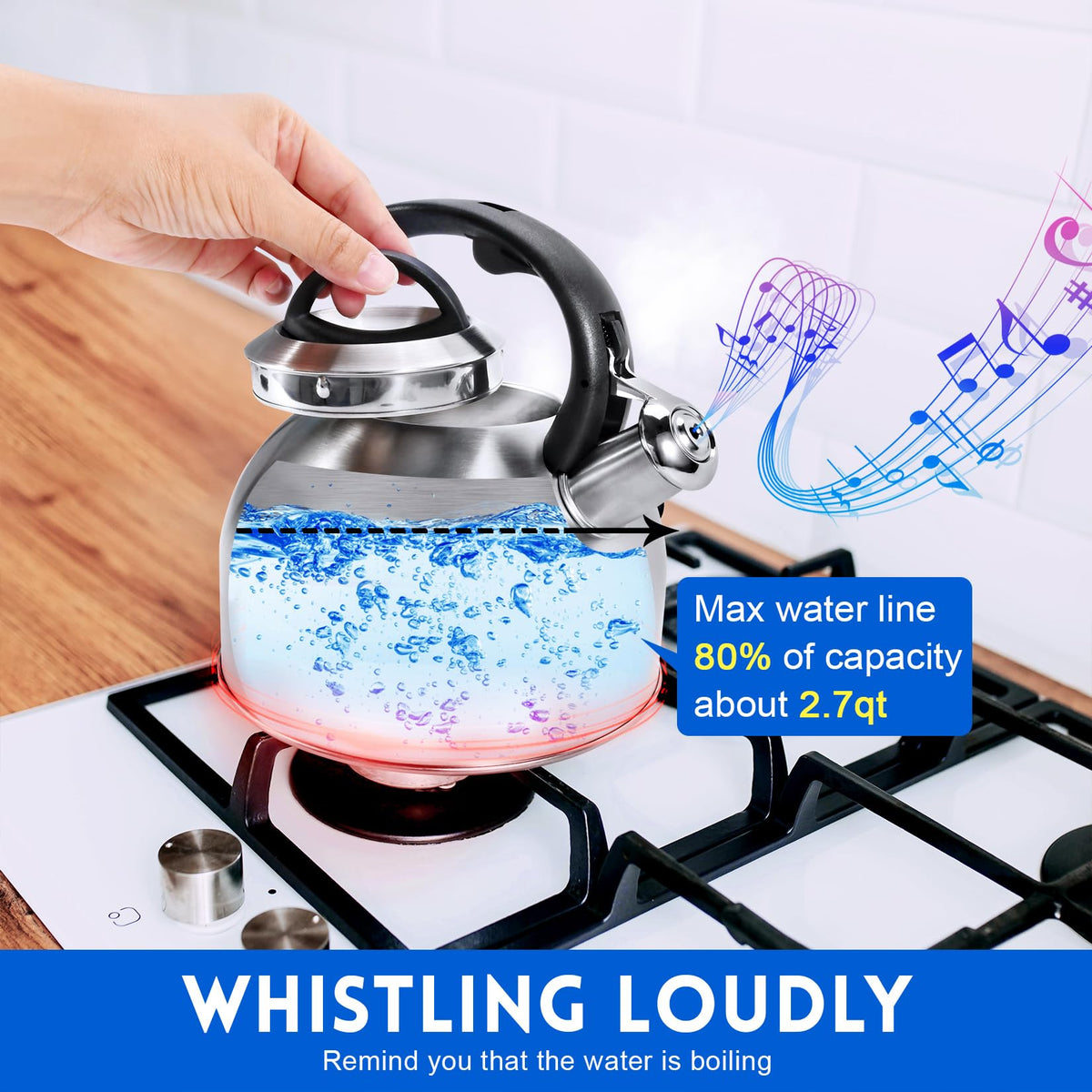 GGC Whistling Stove Top Tea Kettles, 304 Stainless Steel Tea Kettles with Anti-Heat Handle, 3.1QT/3L Tea Pot for Boiling