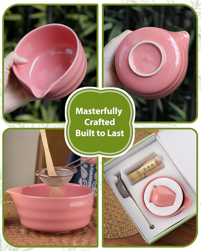 5PCS Pink Matcha Set - 17OZ Ceremonial Bowl with Spout, Bamboo Whisk (Chasen), Stainless Sifter, Scoop & Holder, Matcha Kit for Matcha Lovers, Pink