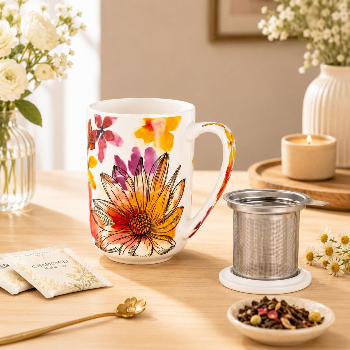 GBhome Tea Mug with Infuser and Lid,18 oz Loose Leaf Tea Cup with Steeper