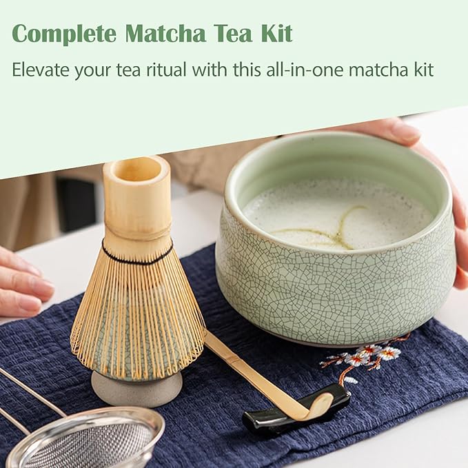 Matcha Whisk Kit Set with Matcha Bowl, Matcha Bamboo Whisk, Scoop, Sifter, Whisk Holder Tea Accessories Gift for Tea Lovers(Celadon)