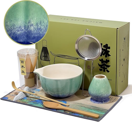 Matcha Whisk Set with Ceramic Bowl - Bamboo Whisk (Chasen), Scoop, Sifter & Holder - Complete Kit for Traditional Matcha Tea