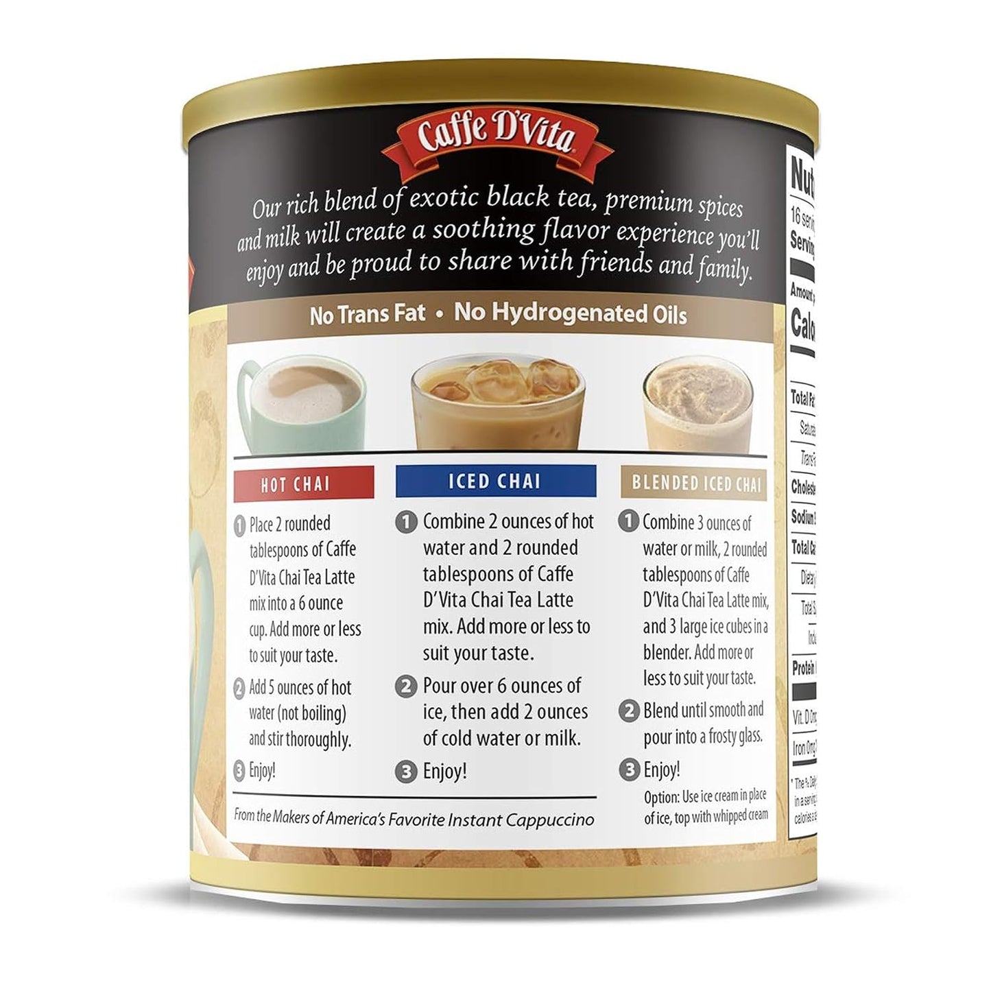 Caffe D'Vita Spiced Chai Latte Mix - Chai Tea Latte Powder Mix - 1 Lb Can | Gluten Free, Spiced Tea Powder, No Cholester