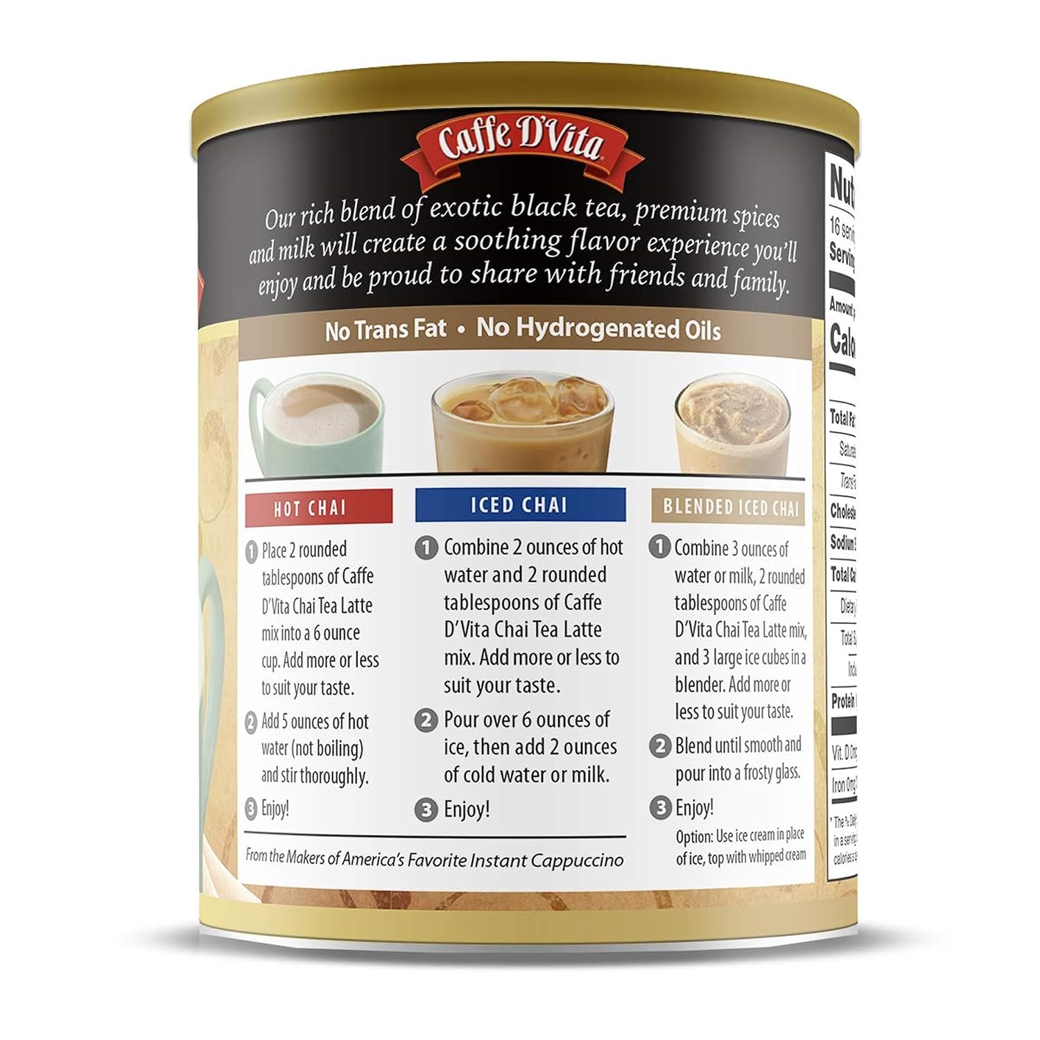 Caffe D'Vita Spiced Chai Latte Mix - Chai Tea Latte Powder Mix - 1 Lb Can | Gluten Free, Spiced Tea Powder, No Cholester
