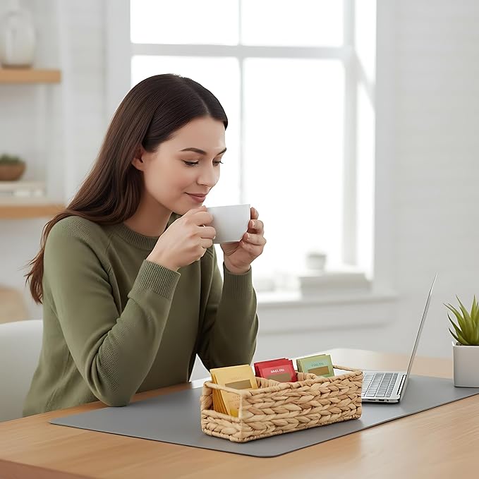 Triluxe Wicker Tea Bag Organizer, 3-Compartment Water Hyacinth Tea Holder for Countertop, Compact Tea Caddy & Sugar Packet Holder for Tea Station