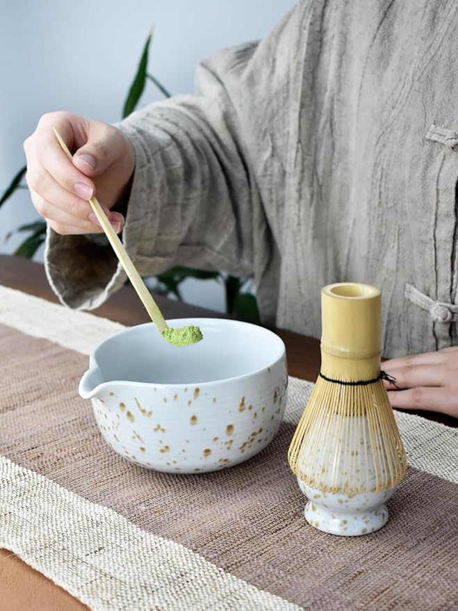 Artcome Matcha Tea Set - Ceramic Matcha Bowl with Pouring Spout, Bamboo Whisk, Whisk Holder, Tea Scoop & Matcha Manual