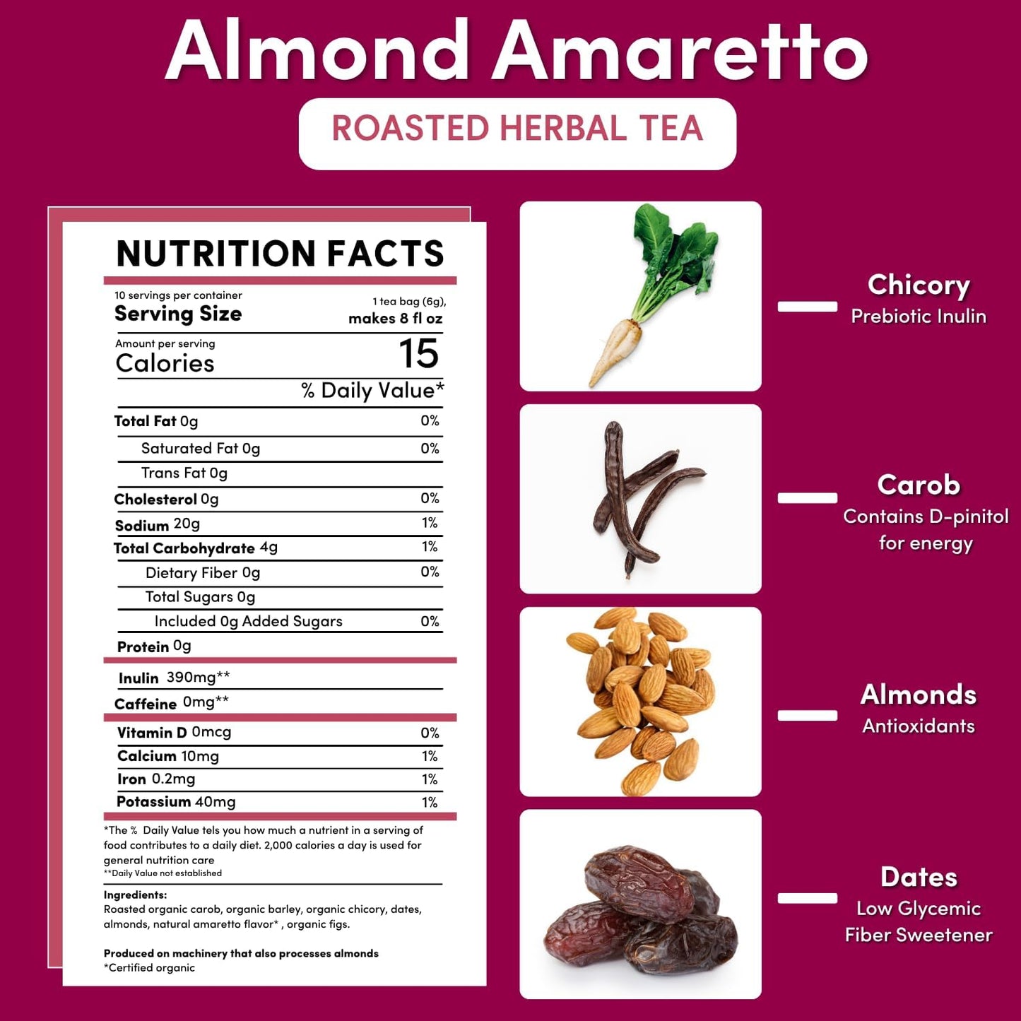 Teeccino Herbal Tea - Almond Amaretto - Rich &amp; Roasted Herbal Tea That's Caffeine Free &amp; Prebiotic for Natural Energy, 10 Tea Bags