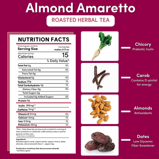 Teeccino Herbal Tea - Almond Amaretto - Rich &amp; Roasted Herbal Tea That's Caffeine Free &amp; Prebiotic for Natural Energy, 10 Tea Bags