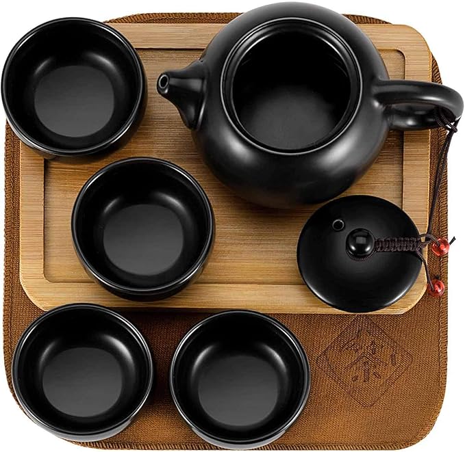 Flexzion Chinese Japanese Vintage Kungfu Gongfu Tea Set Portable Travel Teapot, (Matte Black) Porcelain Ceramic Tea Pot, 4 Tea Cup, Bamboo Tea Tray