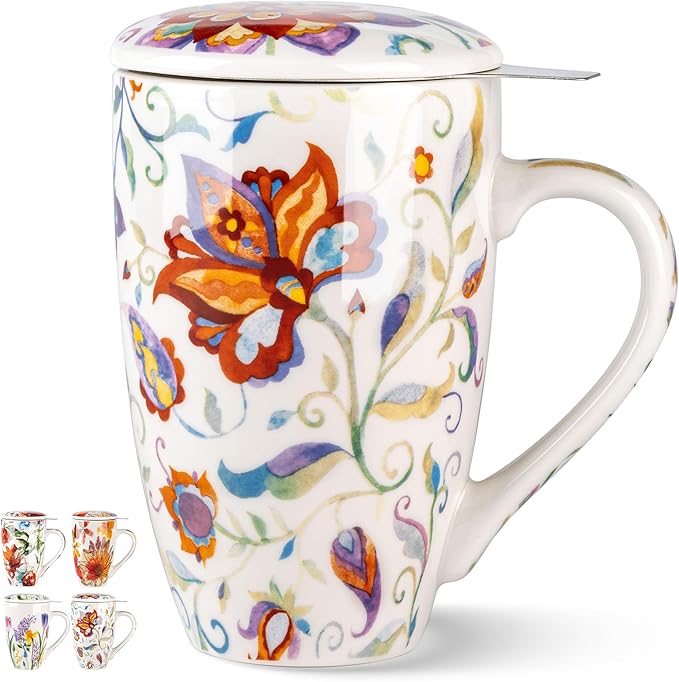 Gbhome Tea Mug with Infuser and Lid, 18 Ounce Large Ceramic Loose Leaf Cup, Microwave, Dishwasher Safe, Perfect for Tea Lovers