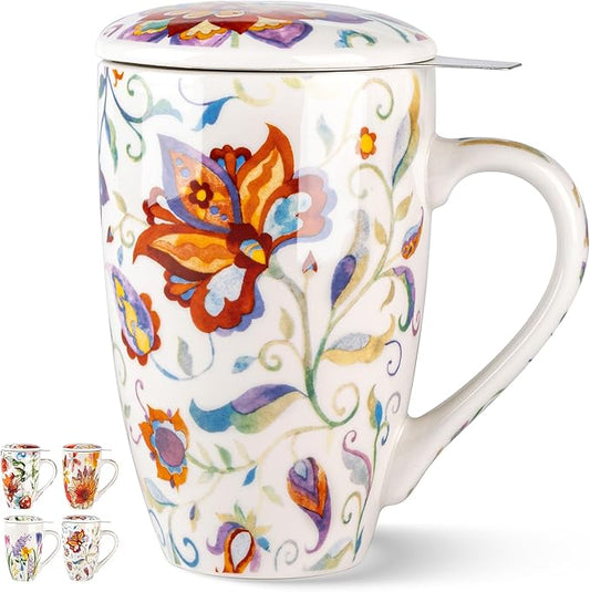 Gbhome Tea Mug with Infuser and Lid, 18 Ounce Large Ceramic Loose Leaf Cup, Microwave, Dishwasher Safe, Perfect for Tea Lovers