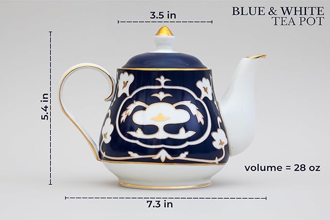 Blue and White Tea Pot - 28 oz. Bone China Teapot with White Vintage Design - Elegant Tea Serving Pot for Kitchen and Gift for Women, Men