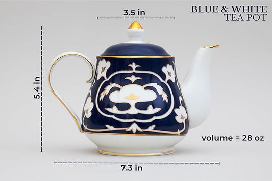 Blue and White Tea Pot - 28 oz. Bone China Teapot with White Vintage Design - Elegant Tea Serving Pot for Kitchen and Gift for Women, Men, Adults and Tea Lovers (Teapot)