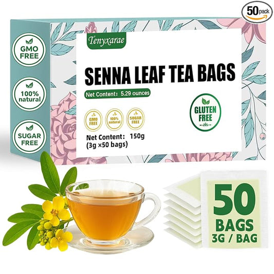 Organic Senna Tea Bags, 50 Teabags, 3g/Bag, Made with 100% Natural Senna Leaves. Helps with Relieve Constipation and Digestion, Caffeine-Free