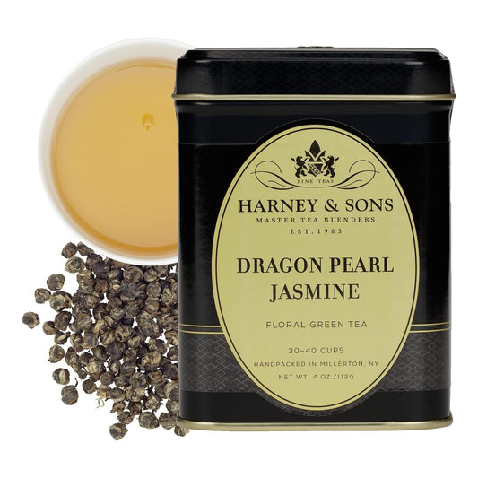 Harney &amp; Sons Dragon Pearl Jasmine Loose Leaf Green Tea Tin, 4 oz | Hand-rolled Chinese green tea pearls scented with jasmine flowers. Contains caffeine.