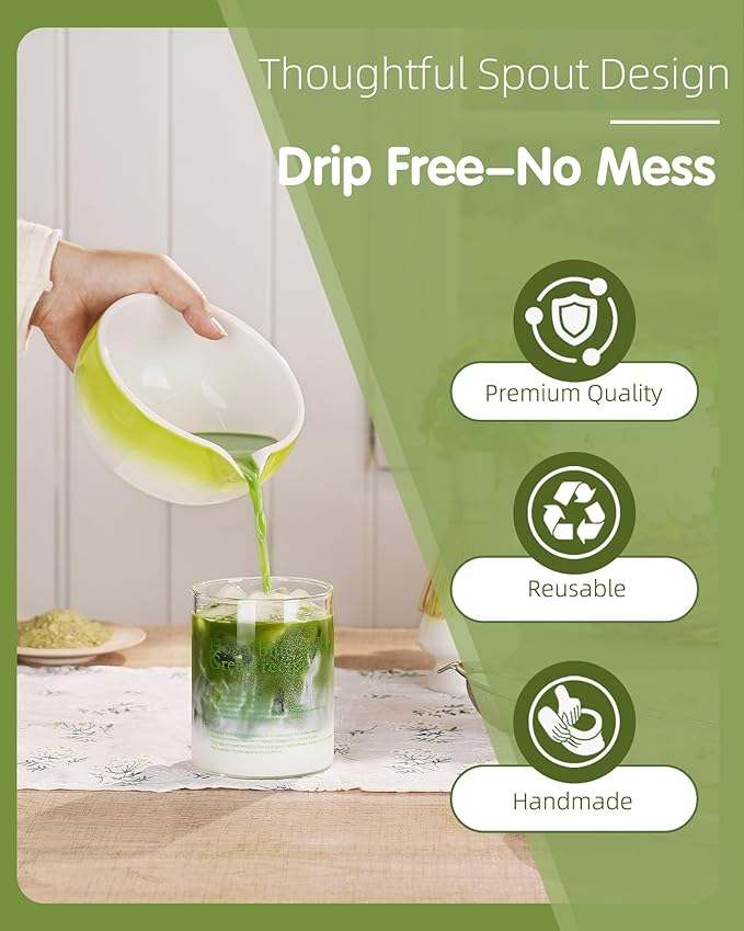 ZENS Matcha Whisk Set, 6pcs Matcha Kit Includes Ceramic Bowl, Handcrafted Bamboo Whisk and Chasen Holder, Scoop, 304 Sifter & Tea Mat，Matcha Set for Tea Ceremony,Latte Making, Green