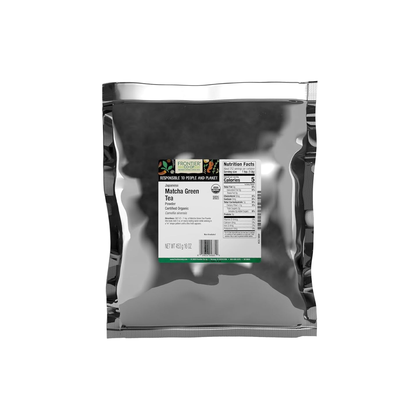 Frontier Co-op Organic Japanese Matcha Green Tea Powder, 1-Pound Bulk, Heavy Body with Vegetal Flavor, Kosher, Non Irradiated