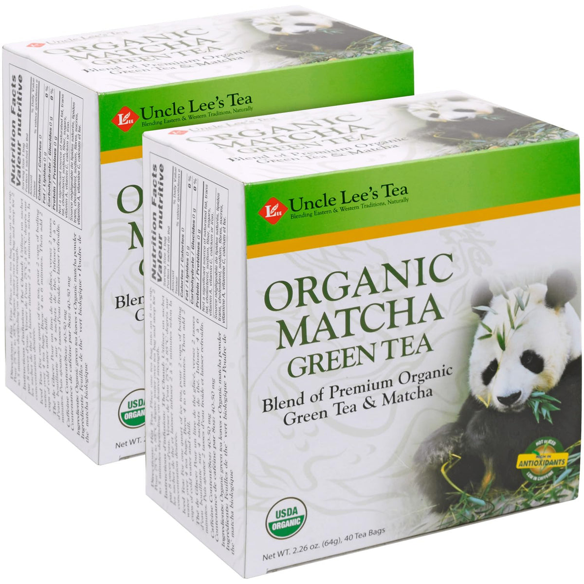 Uncle Lee's Tea Uncle Lee's Organic Matcha Green Tea Bags 2-Pack, 40 Count Ea Box – Antioxidant-Rich, Low Caffeine, Naturally