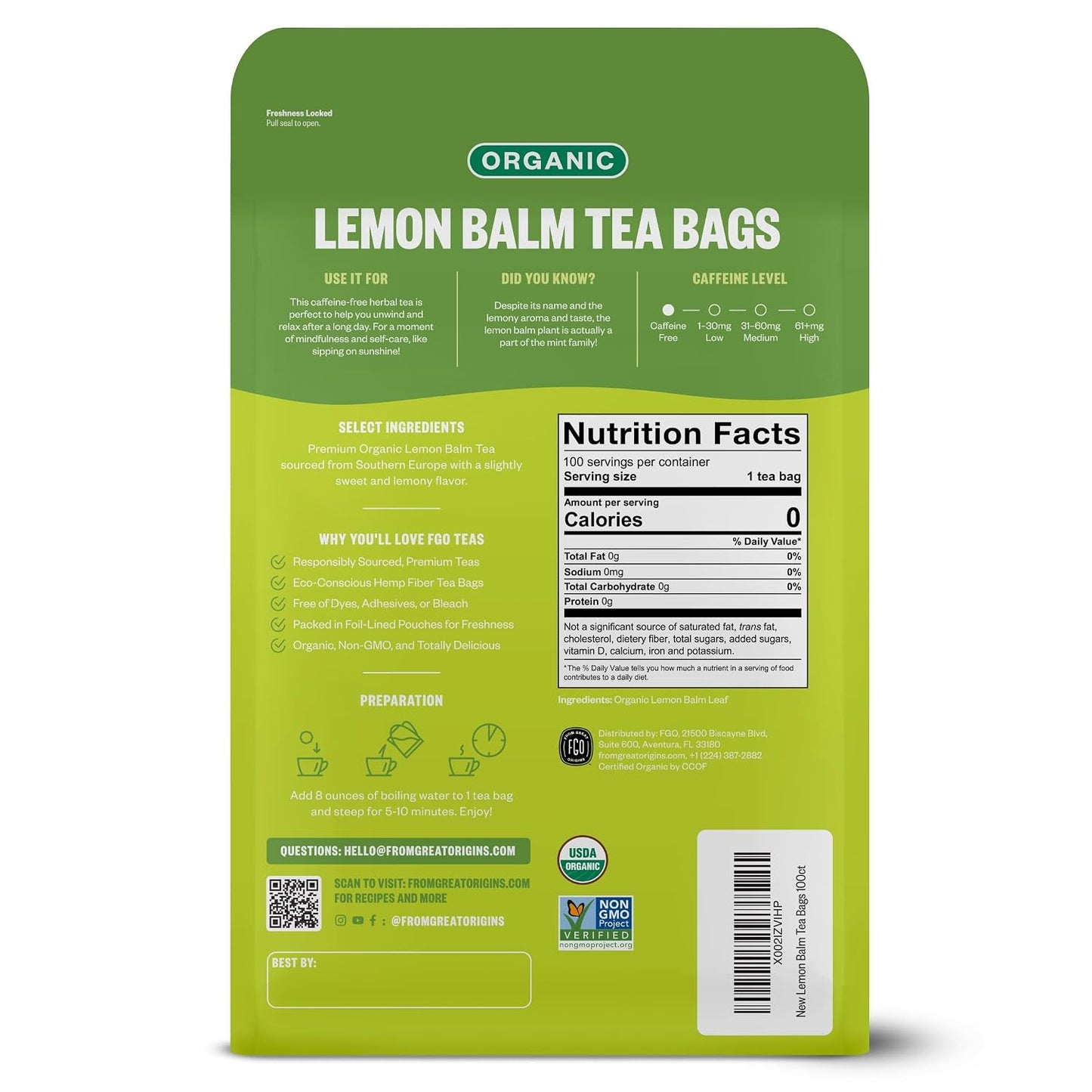 FGO Organic Lemon Balm Tea, 100 Count, Eco-Conscious Herbal Tea Bags, Resealable Bag, Caffeine Free, Packaging May Vary (Pack of 1)