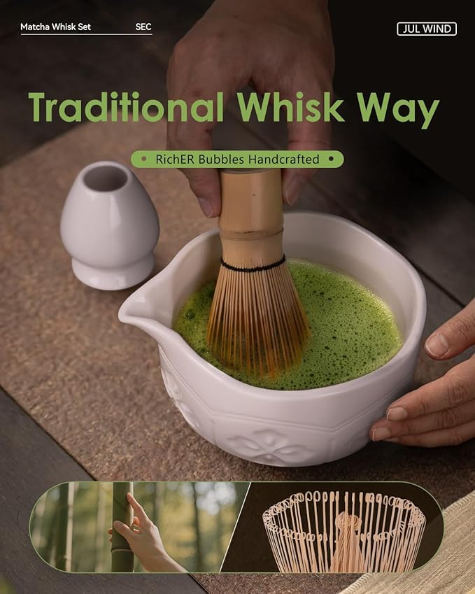 Matcha Whisk Set, Ceramic Matcha Set Includes Matcha Bowl with Spout, Matcha Whisk and Holder, Bamboo Scoop, Sifter and Tea Towel
