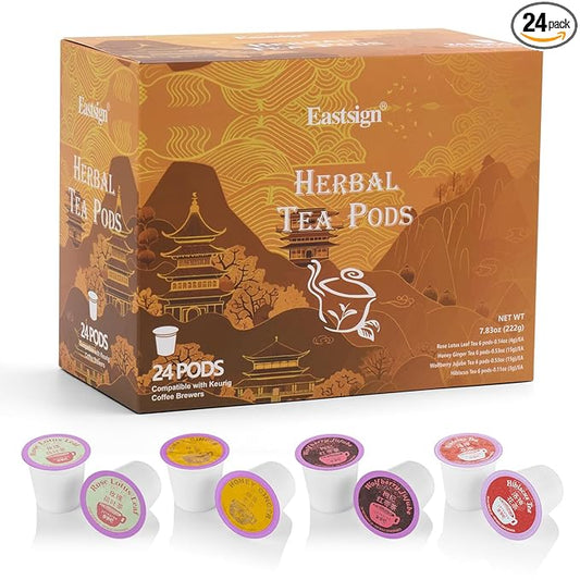 Eastsign Tea K Cups, 24-Count Tea Variety Pack, 4 Flavors K Cup Tea Pods Rose Lotus Leaf, Wolfberry Jujibe,Honey Ginger,Hibiscus tea, Gifts for Festival