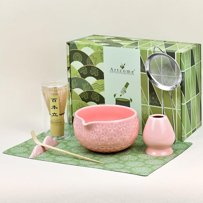 Artcome Matcha Tea Set – Pink Sakura Embossed Ceramic Bowl 17oz with Bamboo Whisk, Whisk Holder, Strainer, Scoop, Tea Spoon, Cloth