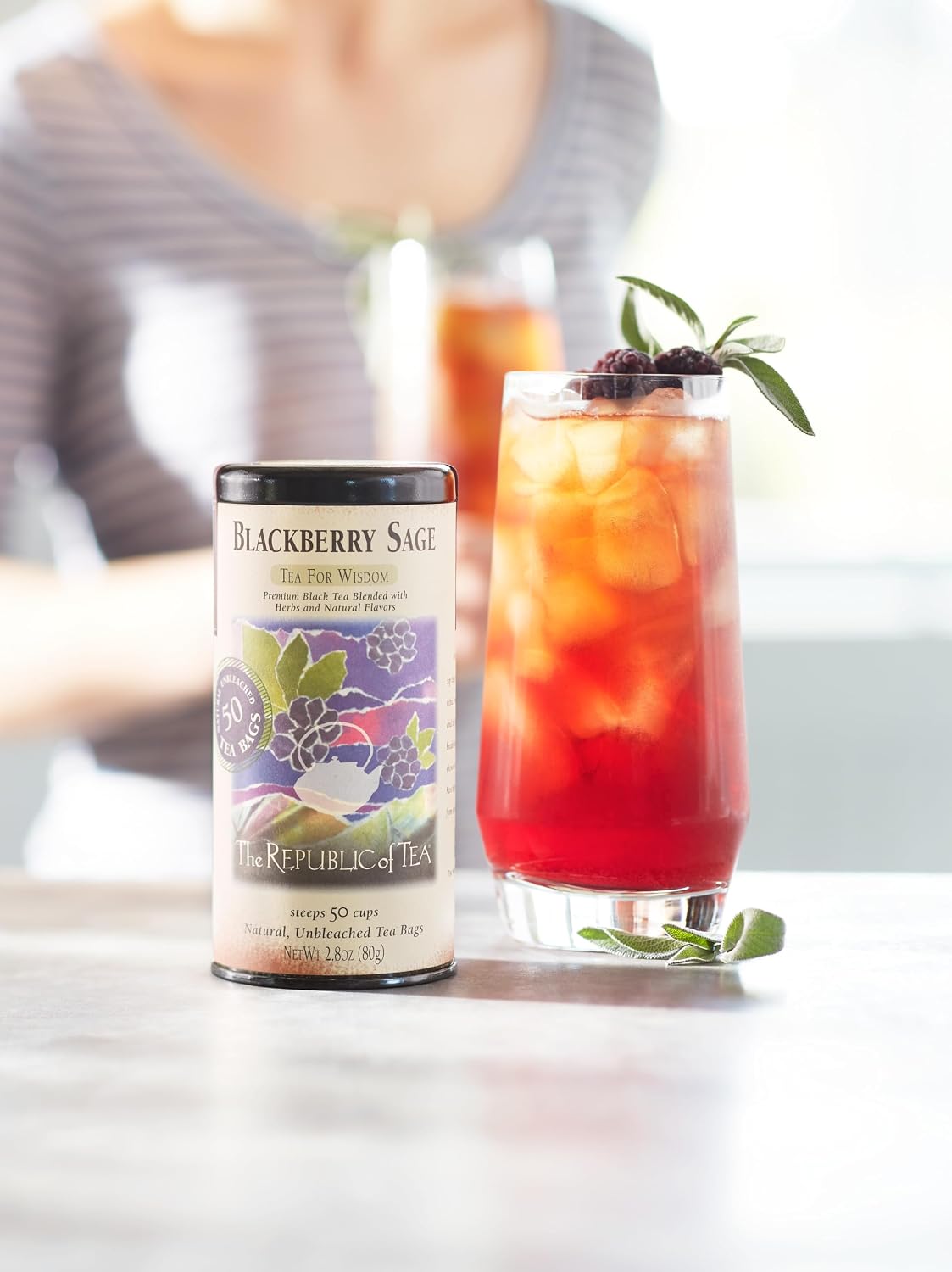 The Republic of Tea Blackberry Sage Black Tea, 50 Count | Naturally Caffeinated. Made for morning or afternoon sipping. Brisk and full-bodied. Gluten Free and Carb Free.