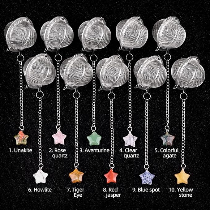 5 Pcs Tea Filter Stainless Steel with Star Crystal Energy Stone Tea Strainers with Fine Mesh Extend Chain Hook Tea Ball Infuser for Loose Tea Leaves