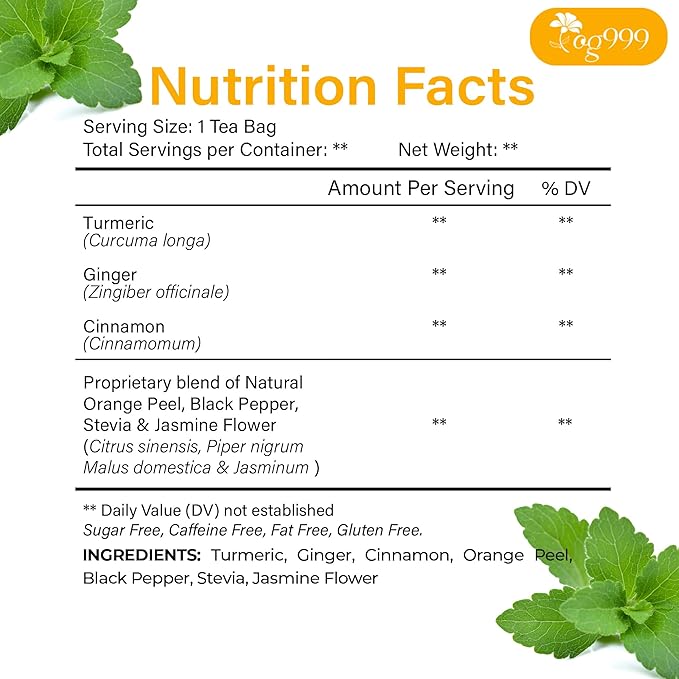 TOG999, 20 Tea Bags of Ginger, Turmeric and Cinnamon, Upgraded Version, 100% Natural, Hand-made Blend of Ginger, Turmeric, Cinnamon, Orange Peel, Black Pepper, Stevia Leaves, Jasmine. No Sugar, Vegan.