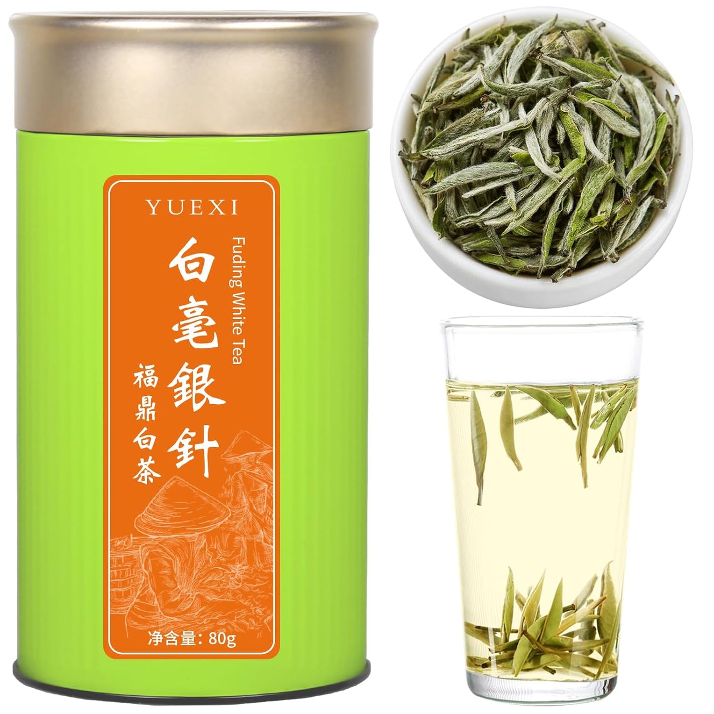 Yuexi Bai Hao Yin Zhen White Tea, Fuding Origin, Premium Loose Leaf Tea,Hand-Picked Tender Buds, Delicate & Sweet 80g (2.8oz) 白毫银针 福鼎白茶
