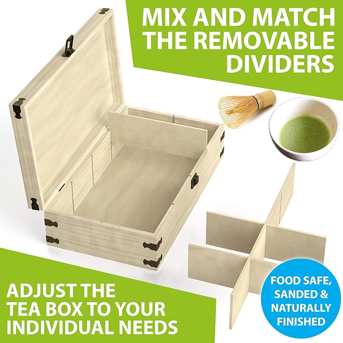 Large Wooden Tea Organizer Box, Big 14" Pine Storage Chest, 8-Slot Tall, Adjustable Shelves, 100% Handmade Craft Eco-Friendly Natural Décor