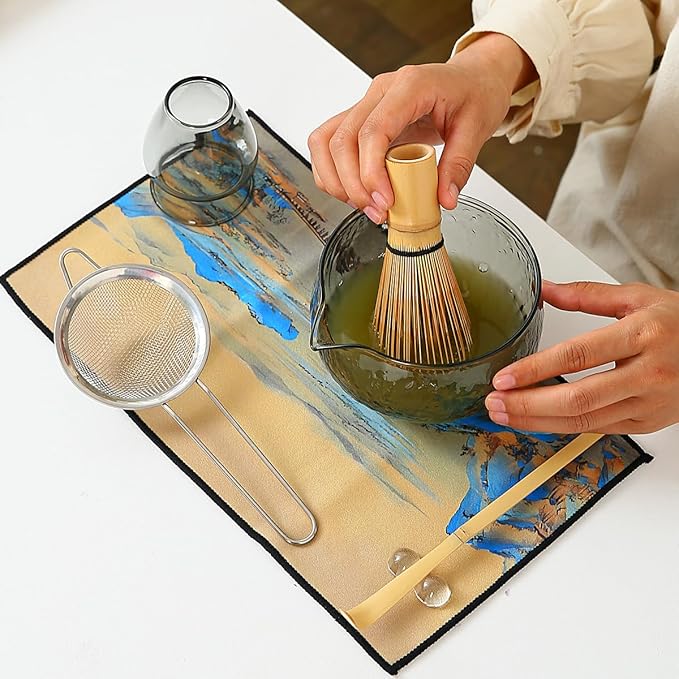 7 Pcs Matcha Whisk Set, Matcha Set Includes Matcha Bowl, Bamboo Matcha Whisk and Holder, Bamboo Scoop, Scoop Holder, matcha sifter and Tea Towel - Matcha Kit for Matcha Lovers (black)