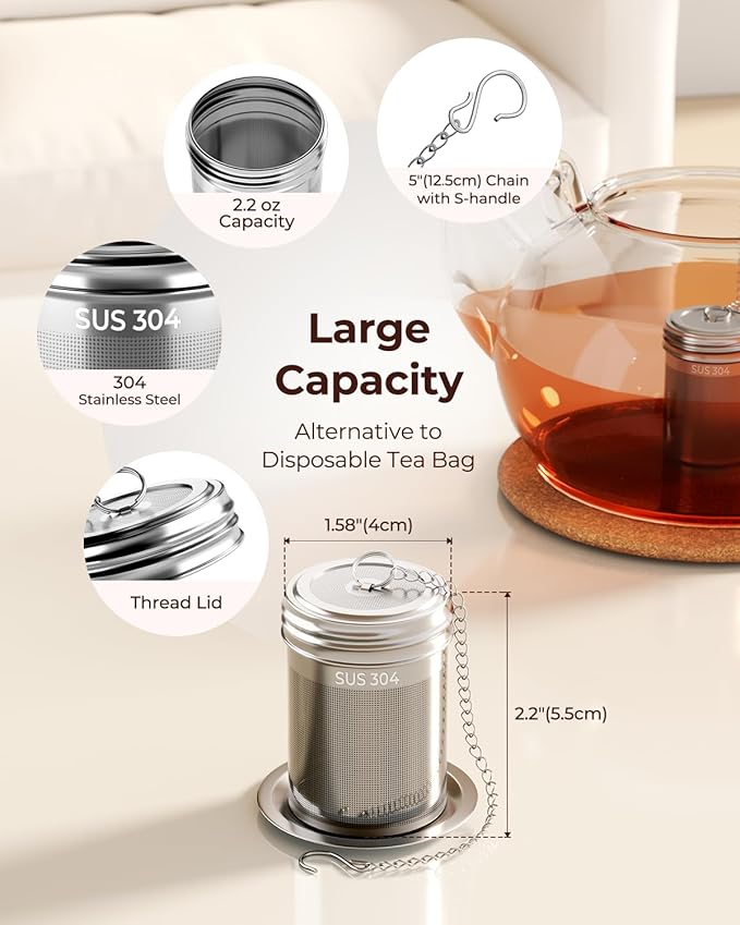 2 Pack Reinmoson Tea Strainers for Loose Tea, 1.58” x 2.2” Extra Fine Mesh Tea Infuser, 304 Stainless Steel & Threaded Lid