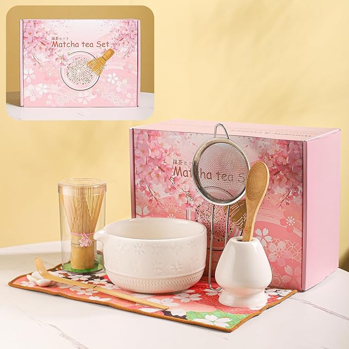 8-Piece Matcha Tea Set with Ceramic Bowls (Flower Pattern), Bamboo Whisk, Scoop, Spoon & Pink Sakura