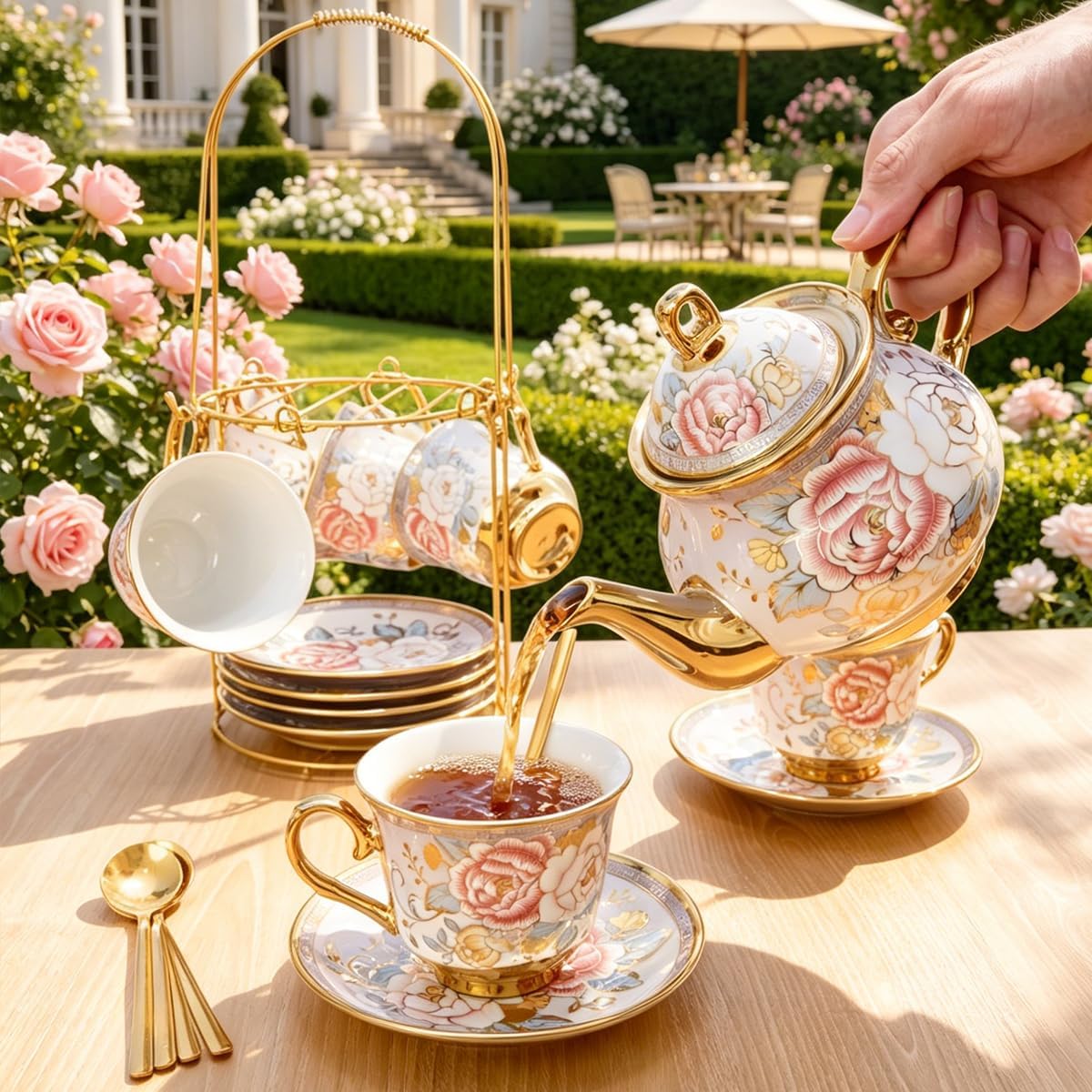 Gold-plated vintage red rose ceramic tea set, beautiful coffee tea pot set for 6 people