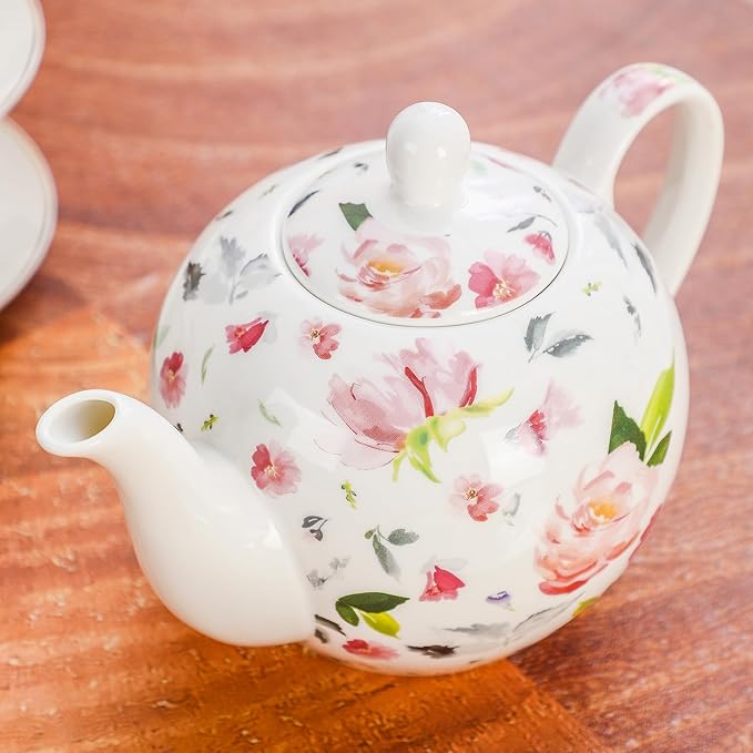 30oz Porcelain Teapot, Floral Design Ceramic Tea Pot for Loose Leaf & Bagged Tea, Classic 3-4 Cups Teapot for Daily Use & Special Occasions