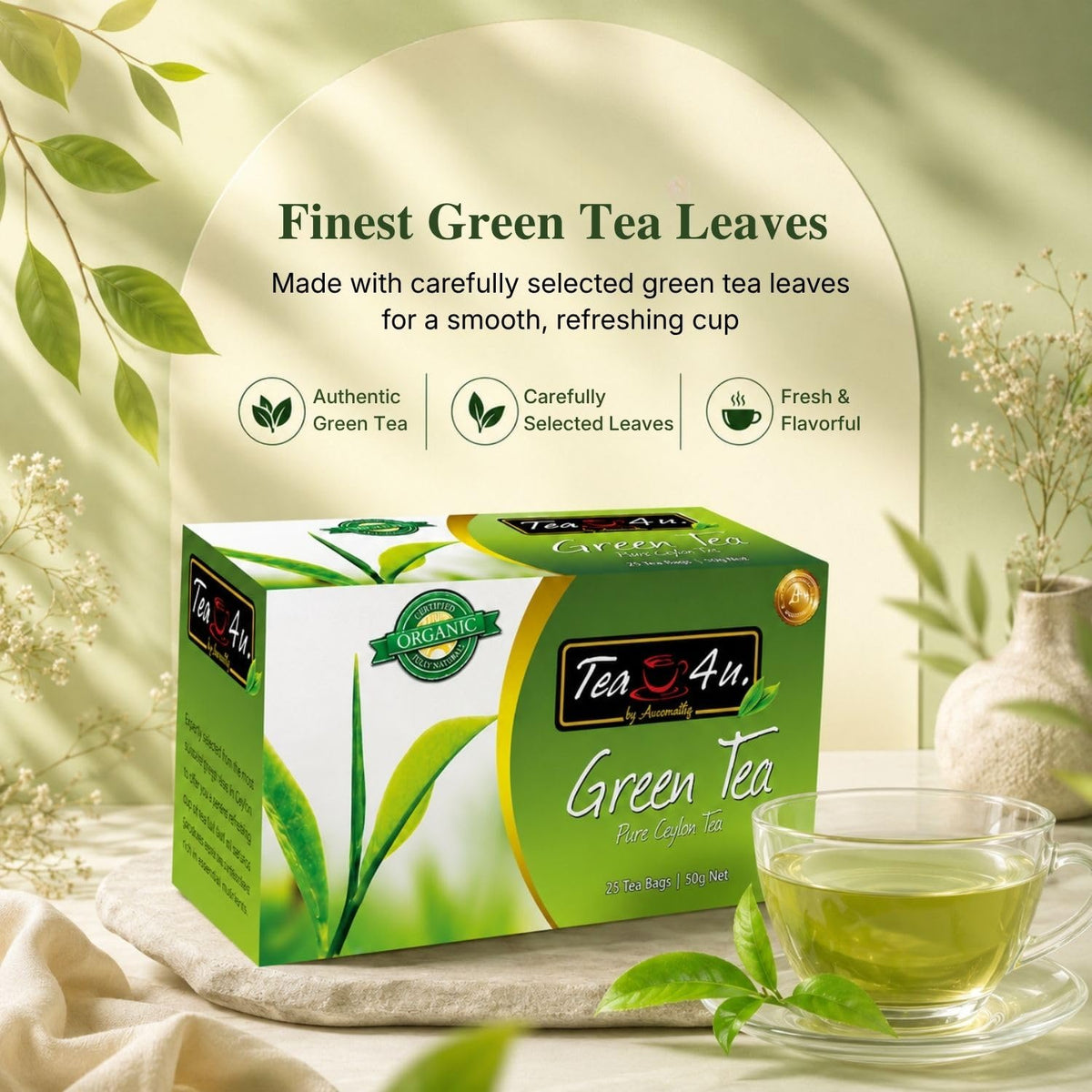 Tea4U Organic Ceylon Green Tea Bags - Handpicked Tea Leaves - 25 Count