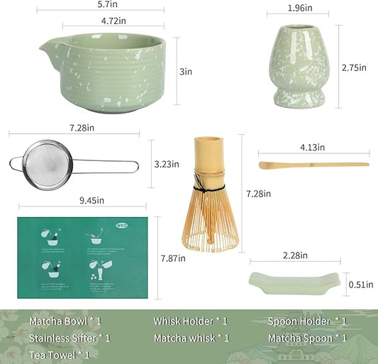 Matcha Bowl and Whisk Set, Ceramic Matcha Set Includes Matcha Bowl with Spout, Whisk & Holder, Bamboo Scoop, Stainless Sifter, Towel, Matcha Kit Making Tools,Light Green,7 PCS