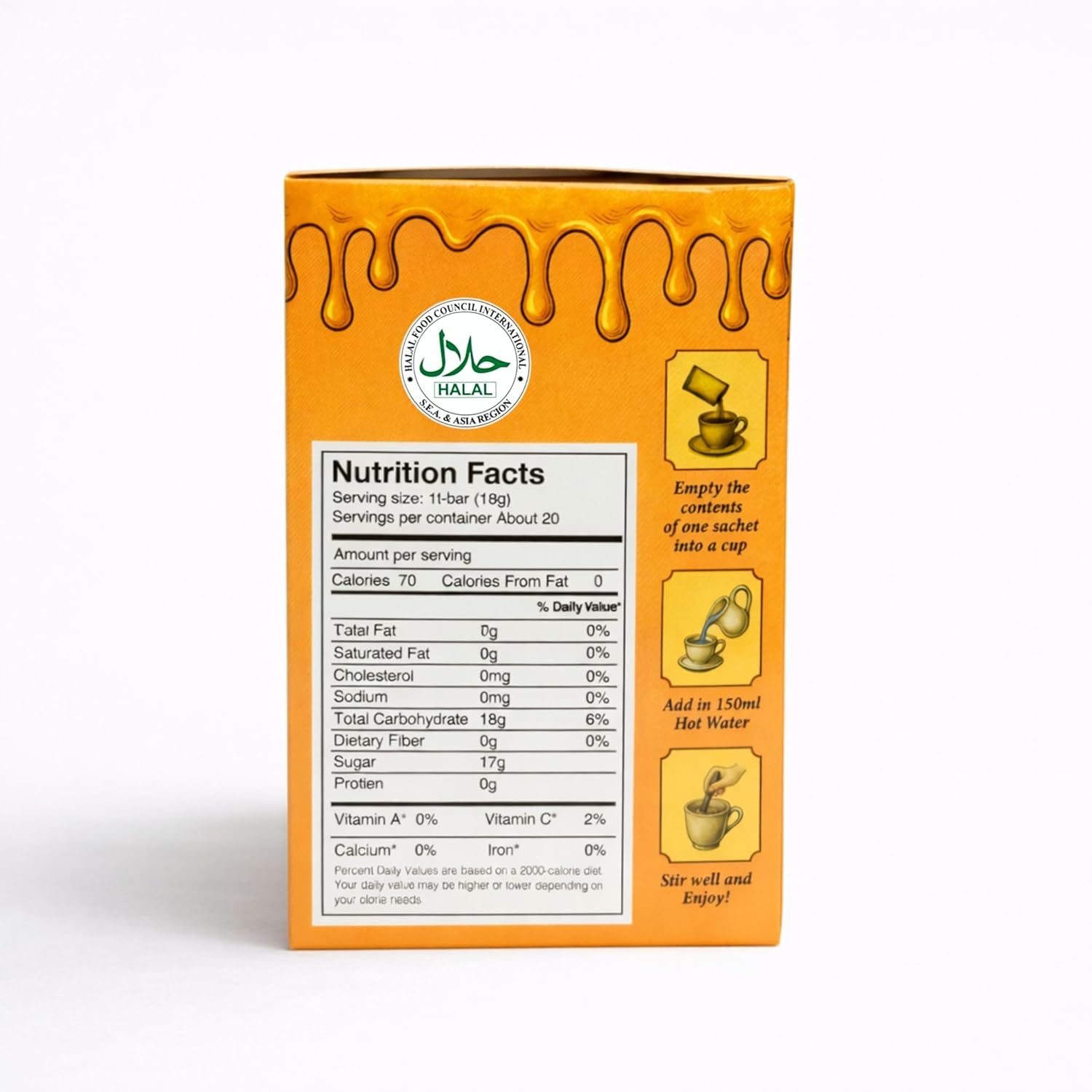 Premium Honey Ginger Instant Tea Crystals, Mango Flavor, 20 Sachets, Real Ginger, Real Honey, Pure Cane Sugar, Caffeine Free, Hot Or Cold Single Serve Drink Mix