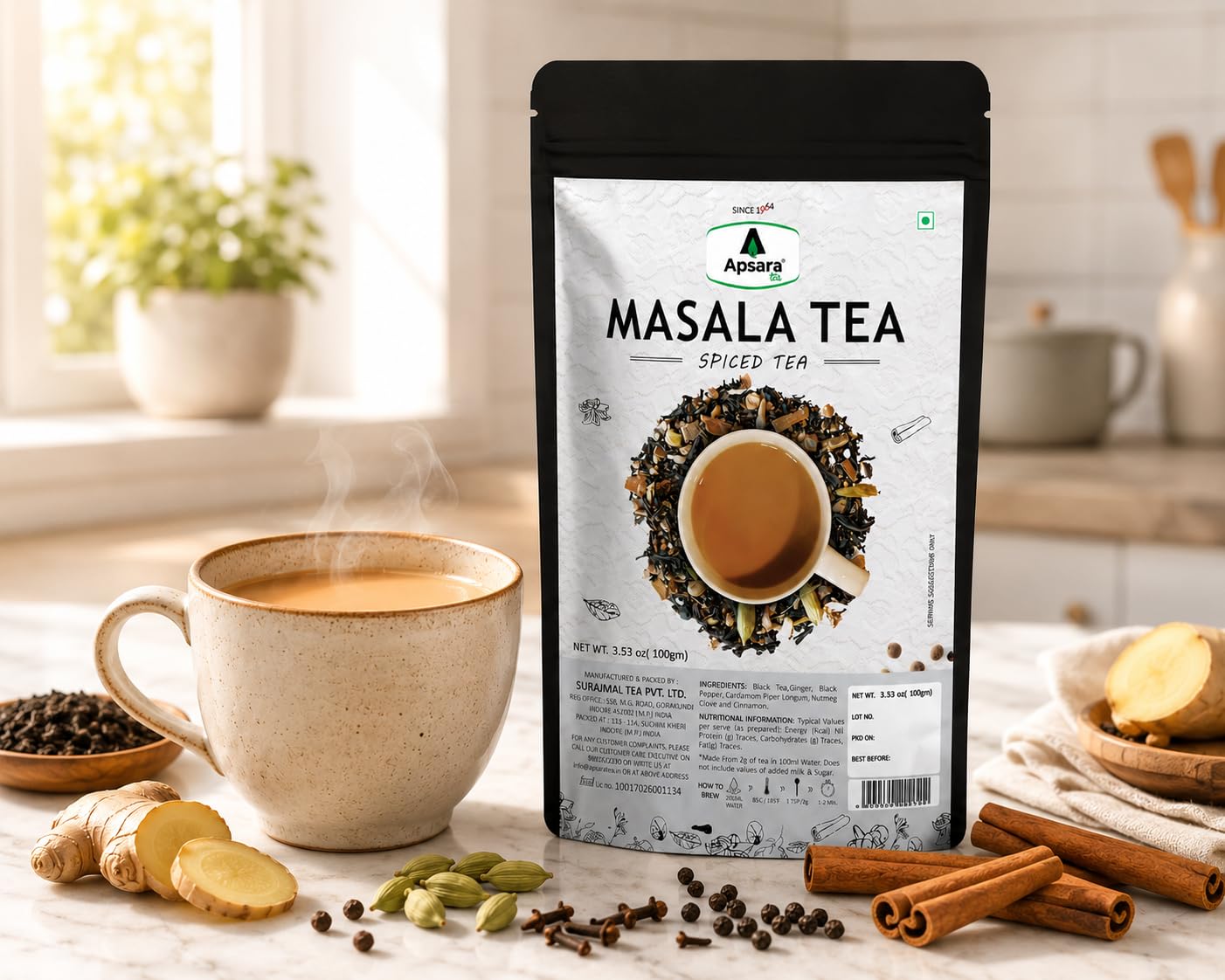 APSARA Premium Masala Chai Tea, Authentic Indian CTC Black Tea Blend with Ginger, Cardamom, Cinnamon, Black Pepper &amp; Cloves, Strong Aroma and Bold Flavor, Spiced Tea for Traditional Milk Chai, 100g